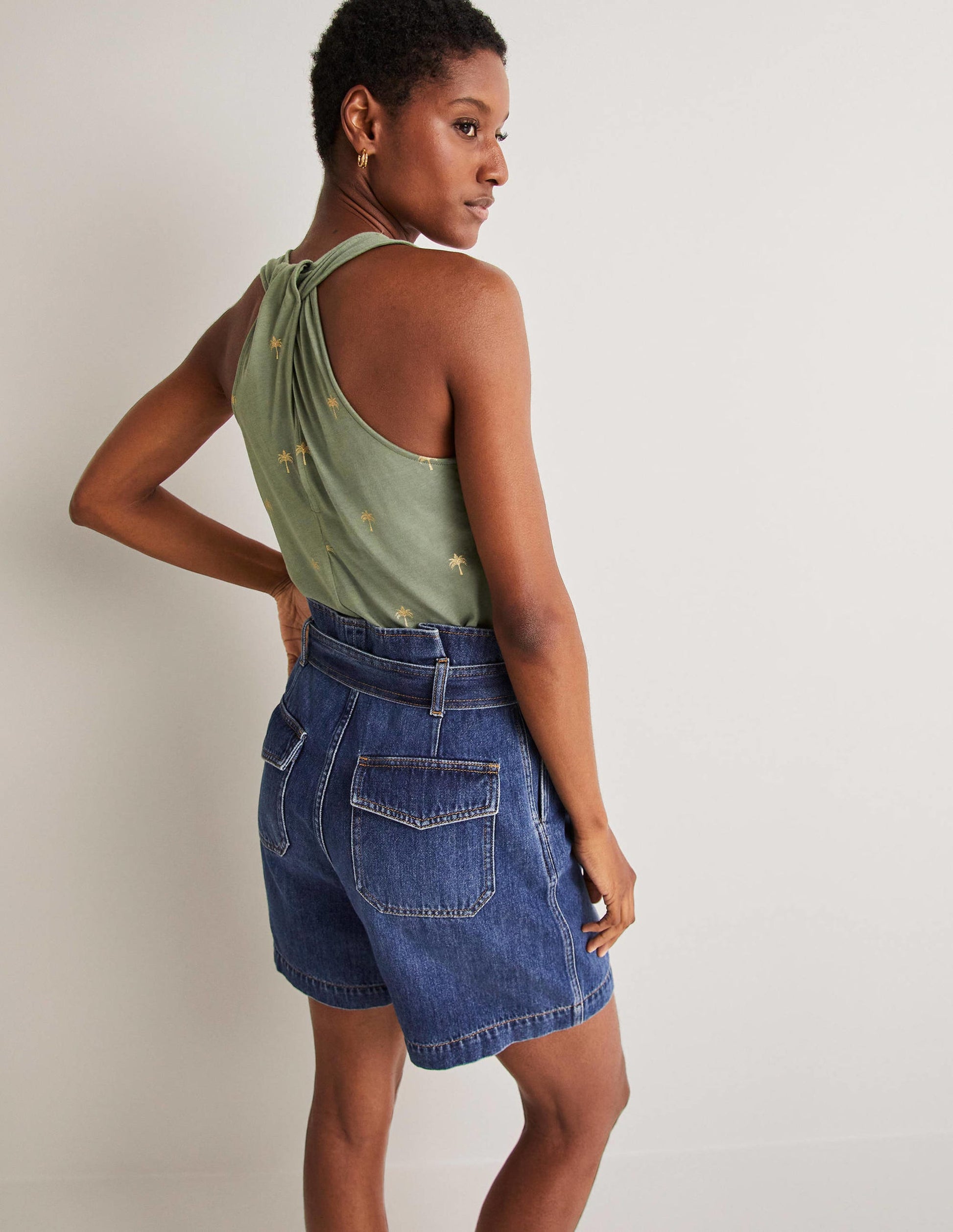 V-Neck Twist Back Jersey Top-Alder and Gold, Paradise Palm-3