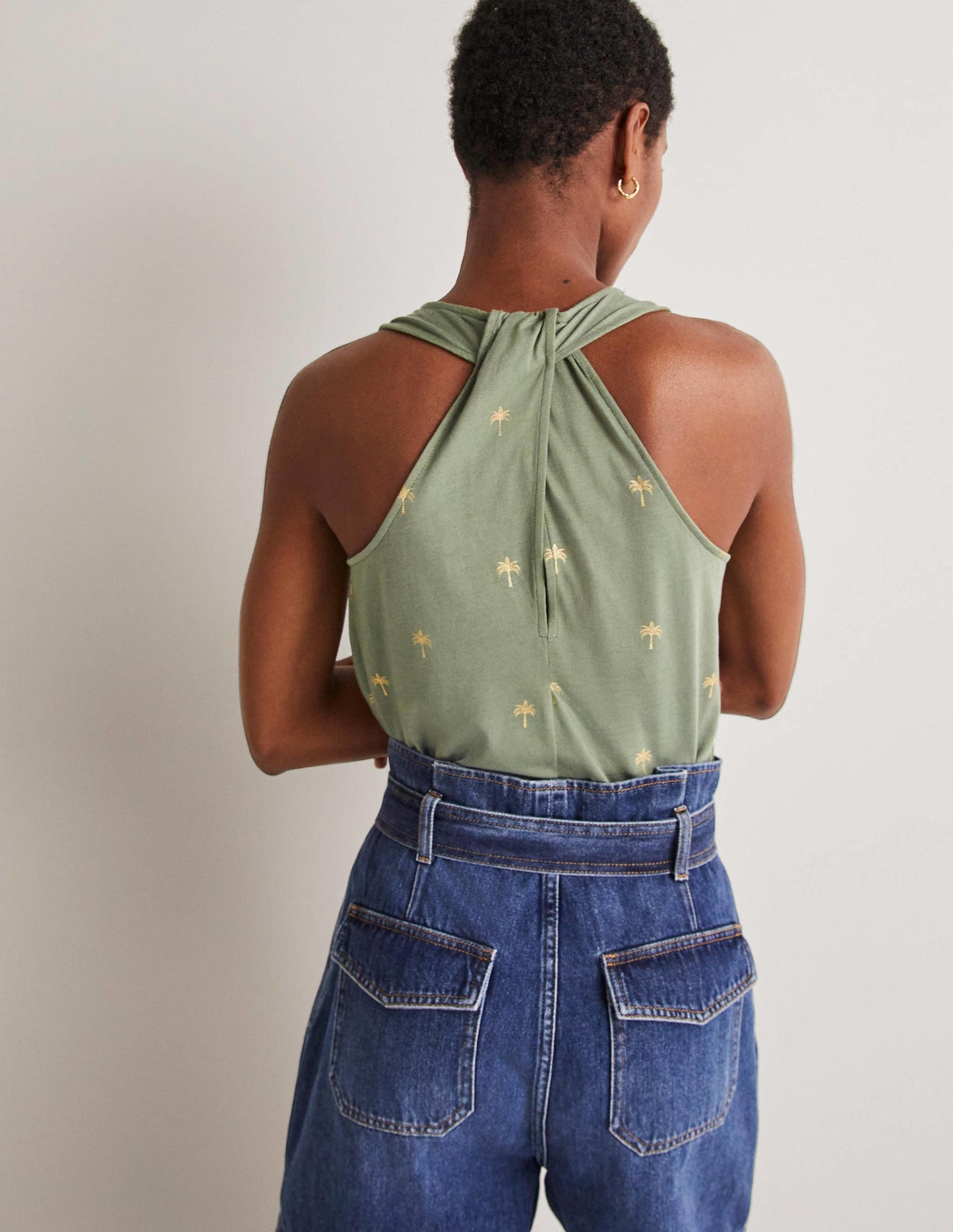 V-Neck Twist Back Jersey Top-Alder and Gold, Paradise Palm