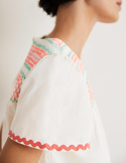 May Flutter Sleeve Smocked Top-White, Multi Smocking-2