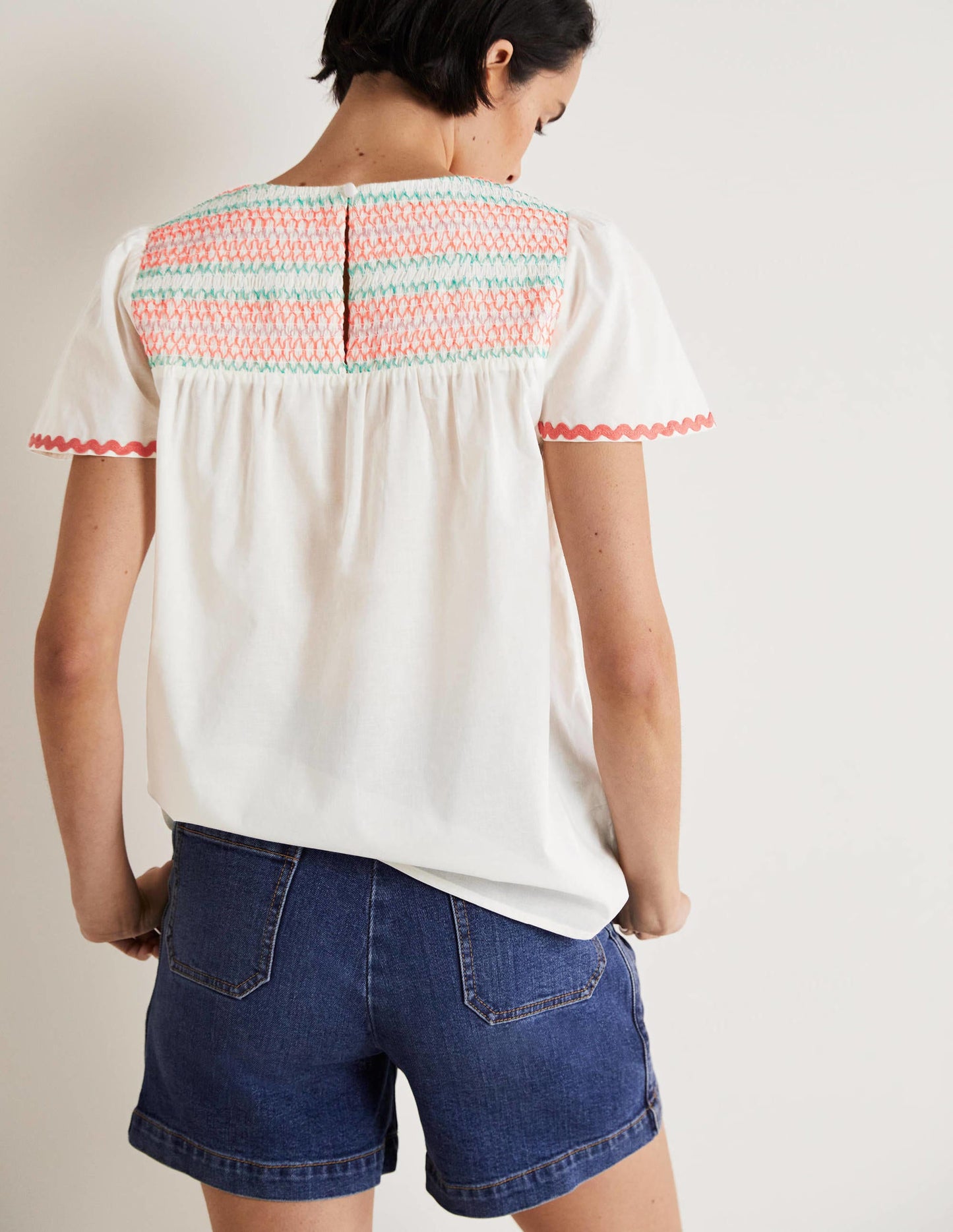 May Flutter Sleeve Smocked Top-White, Multi Smocking