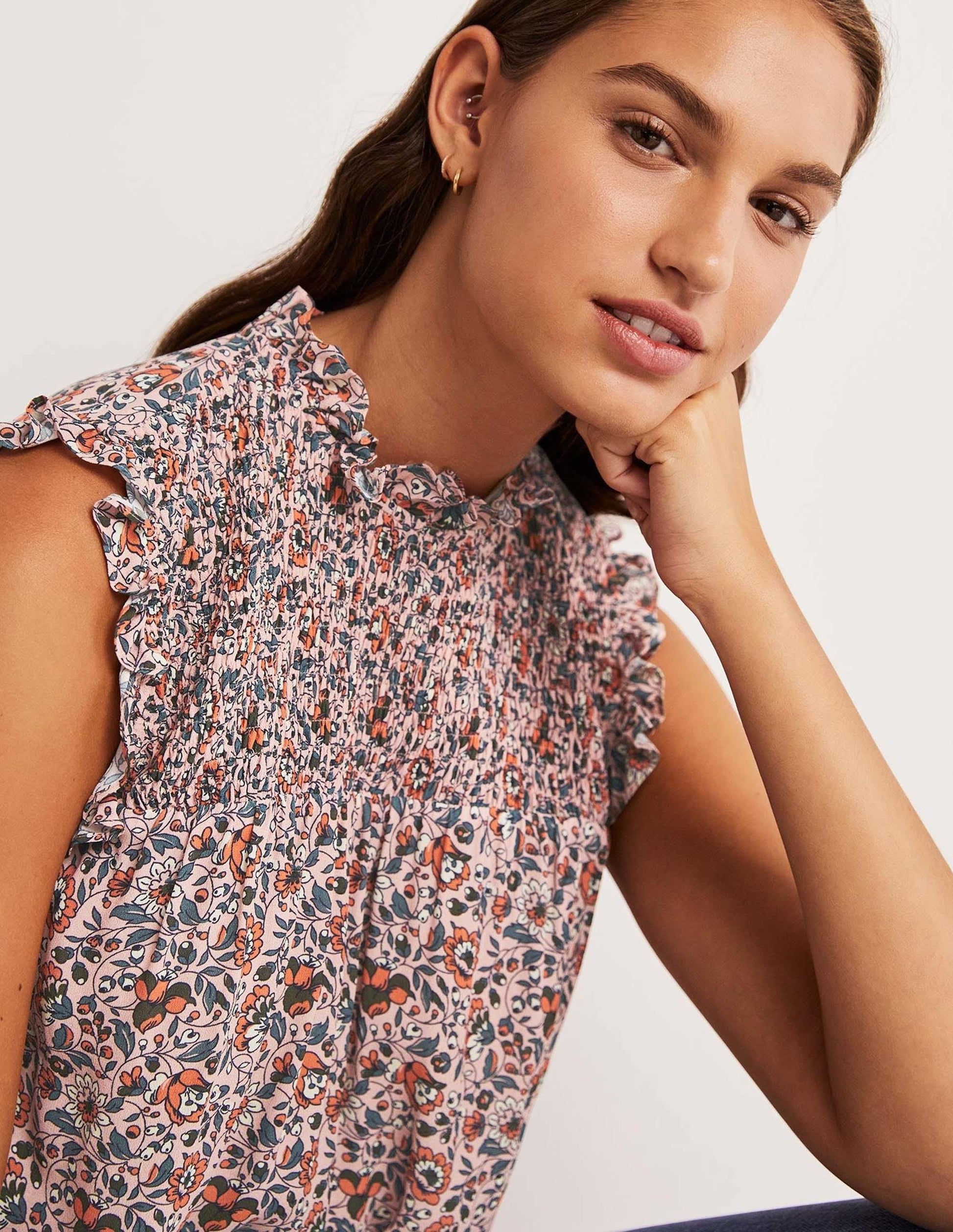 Sleeveless Smocked Top-Milkshake, Botanic Meadow-2
