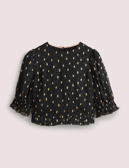 Cropped Metallic Smocked Top-Black and Gold Clip-5