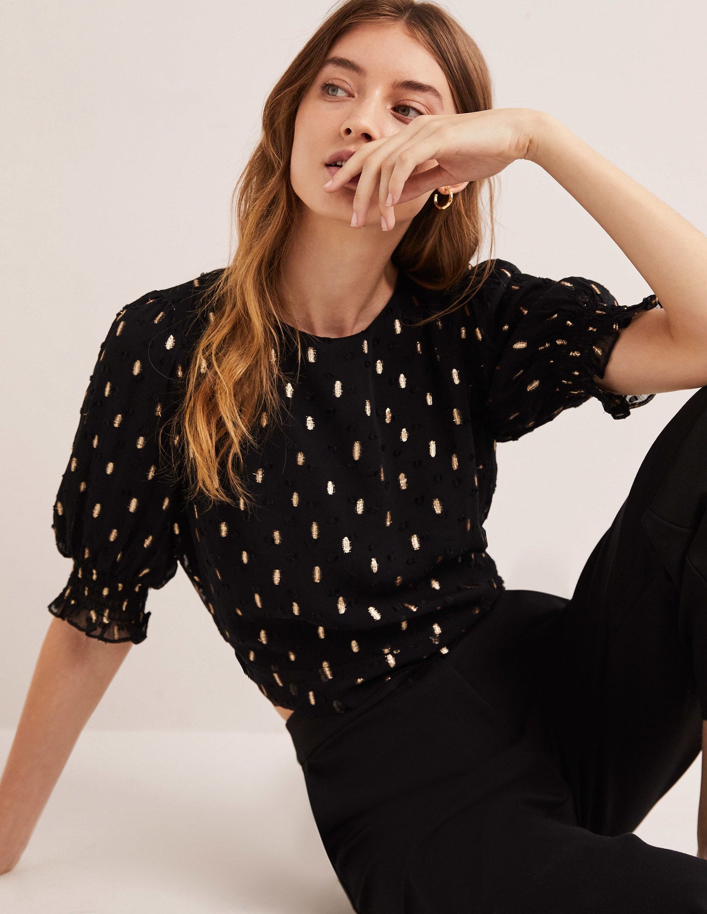 Cropped Metallic Smocked Top-Black and Gold Clip