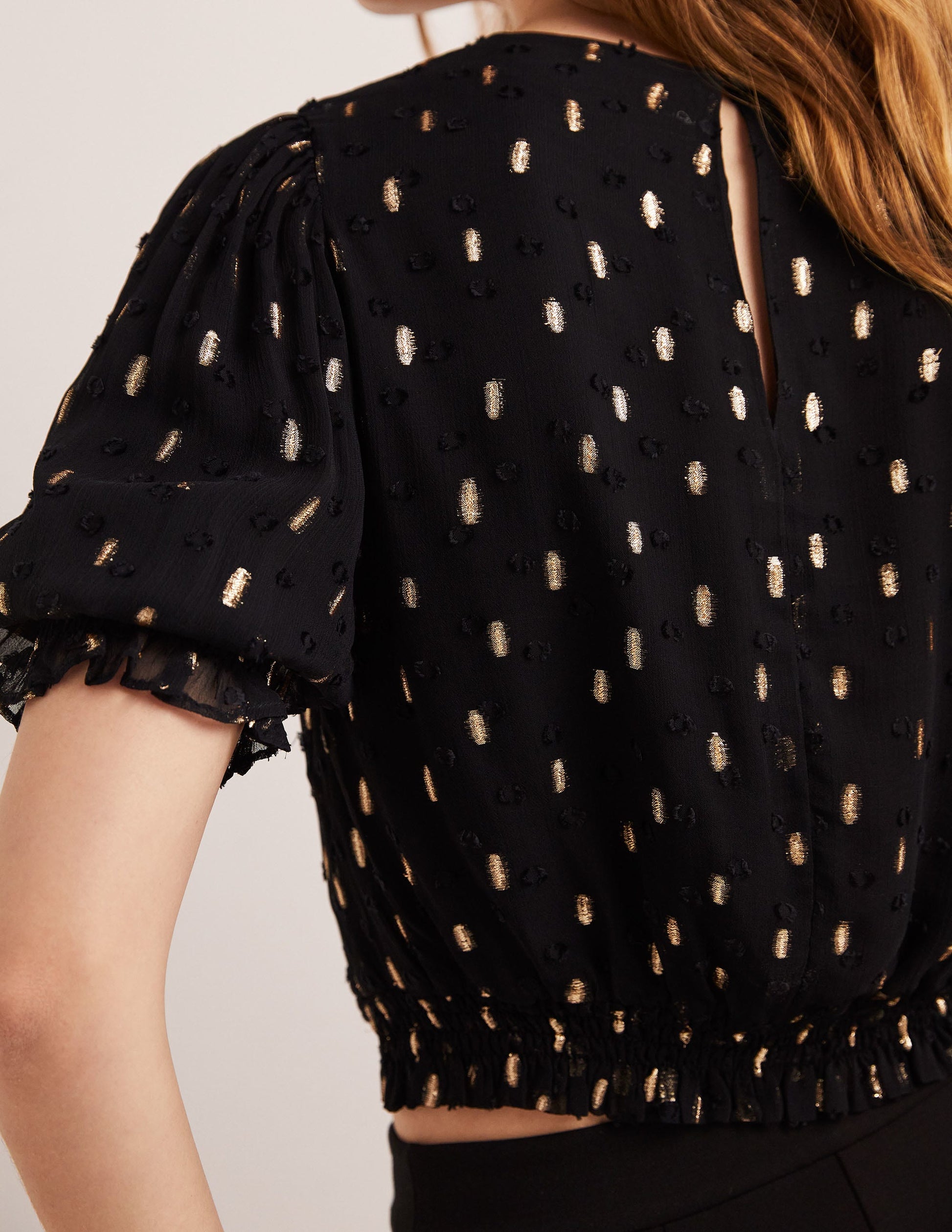 Cropped Metallic Smocked Top-Black and Gold Clip-2