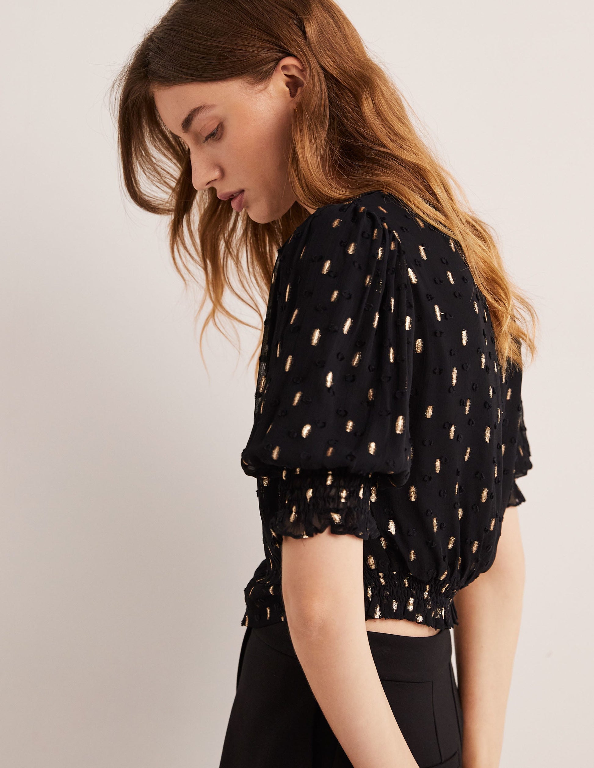 Cropped Metallic Smocked Top-Black and Gold Clip-3