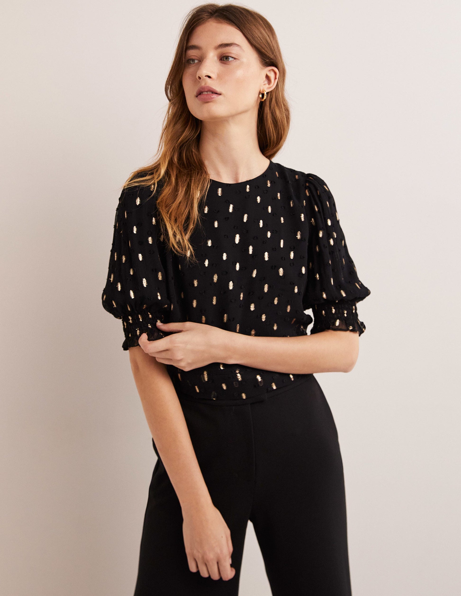 Cropped Metallic Smocked Top-Black and Gold Clip-4