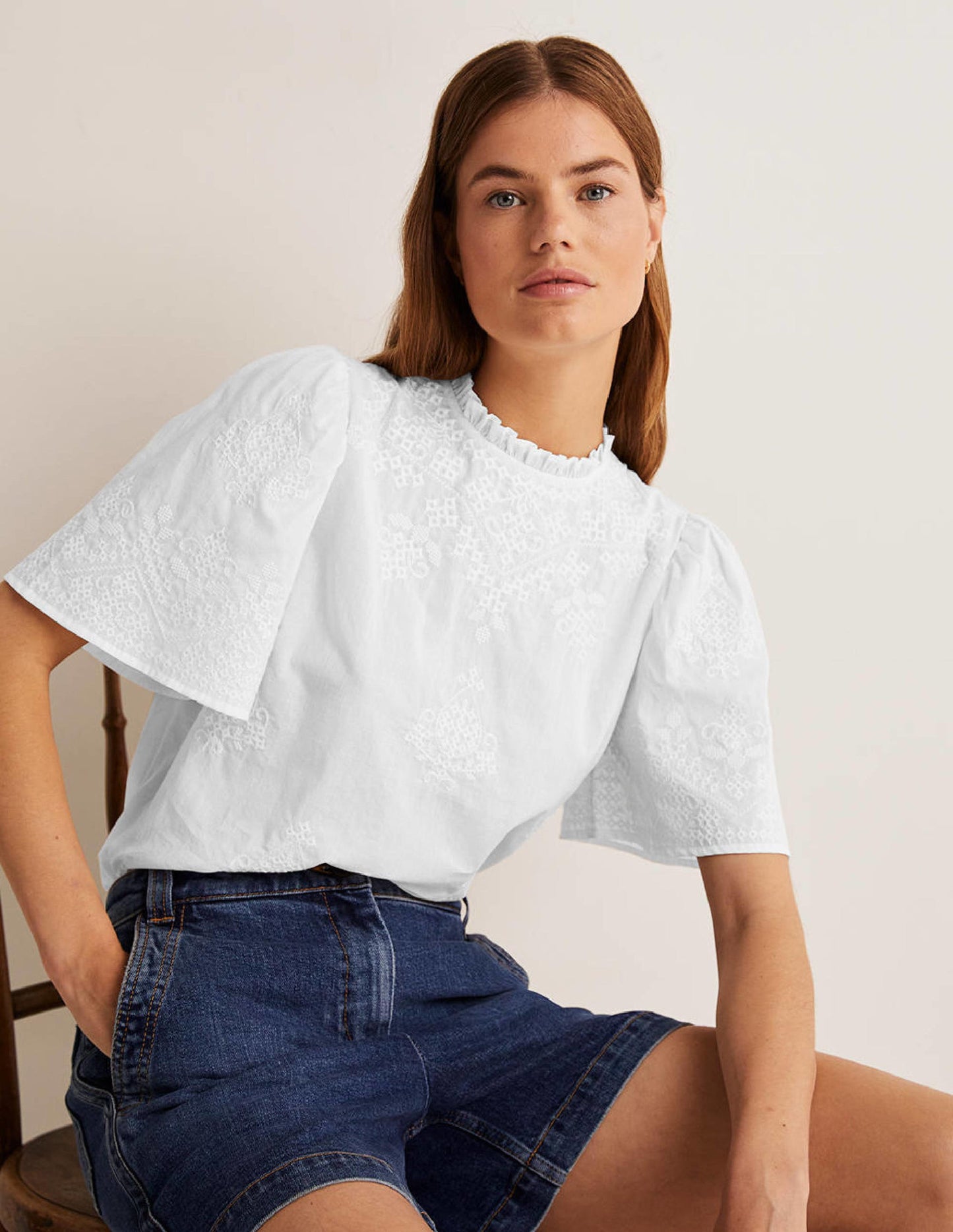 Flutter Sleeve Embroidered Top-White Embroidery