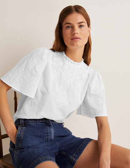 Flutter Sleeve Embroidered Top-White Embroidery-1