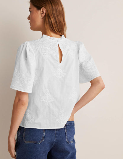 Flutter Sleeve Embroidered Top-White Embroidery-3