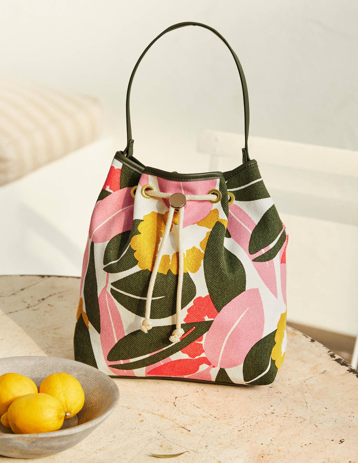 Canvas Drawstring Bucket Bag-Ivory, Abstract Bloom - Image 1