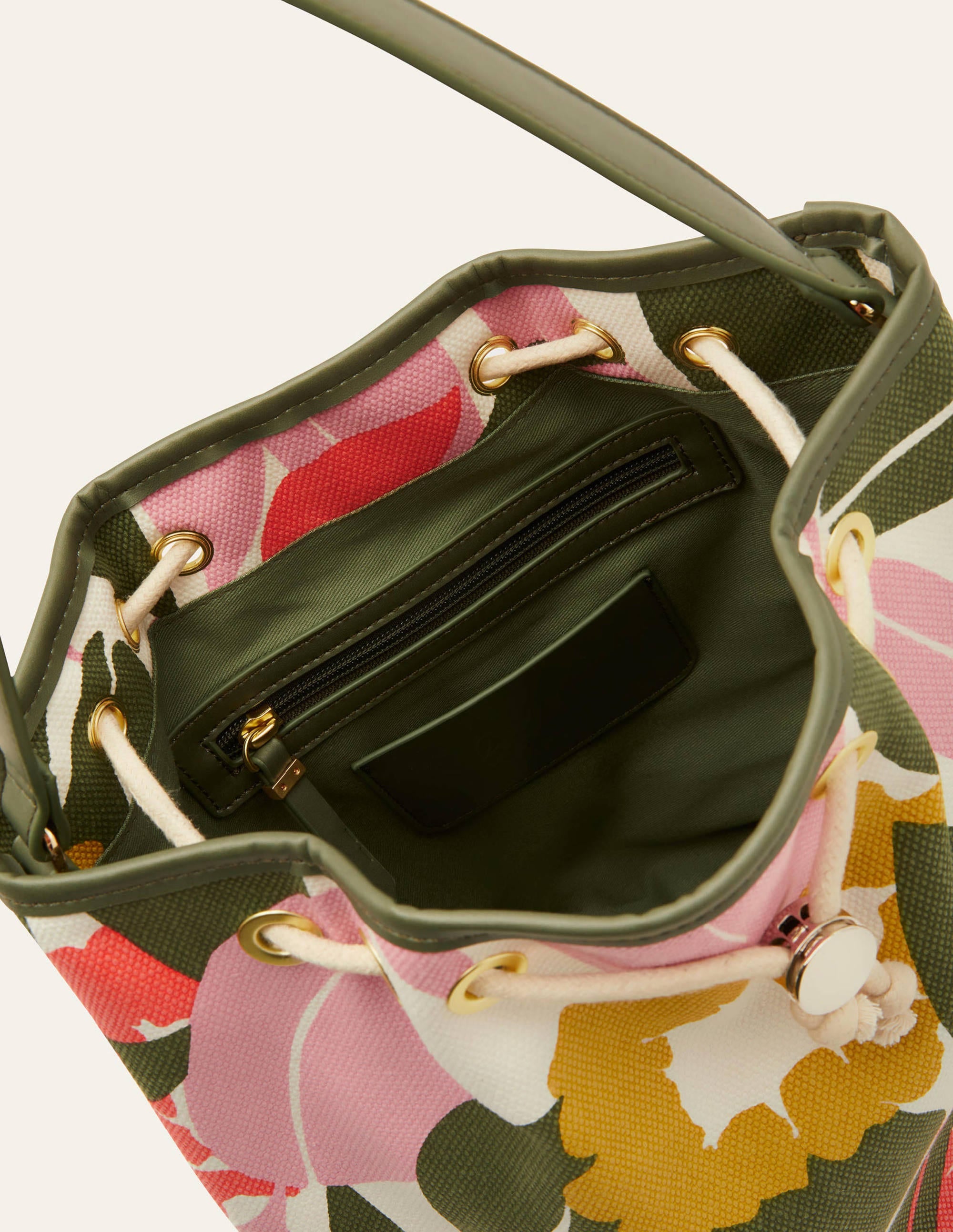 Canvas Drawstring Bucket Bag-Ivory, Abstract Bloom - Image 4
