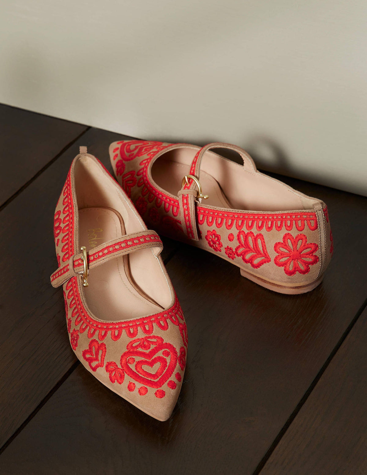 Pointed Toe Mary Jane Shoes-Acorn/Embroidery - Image 1