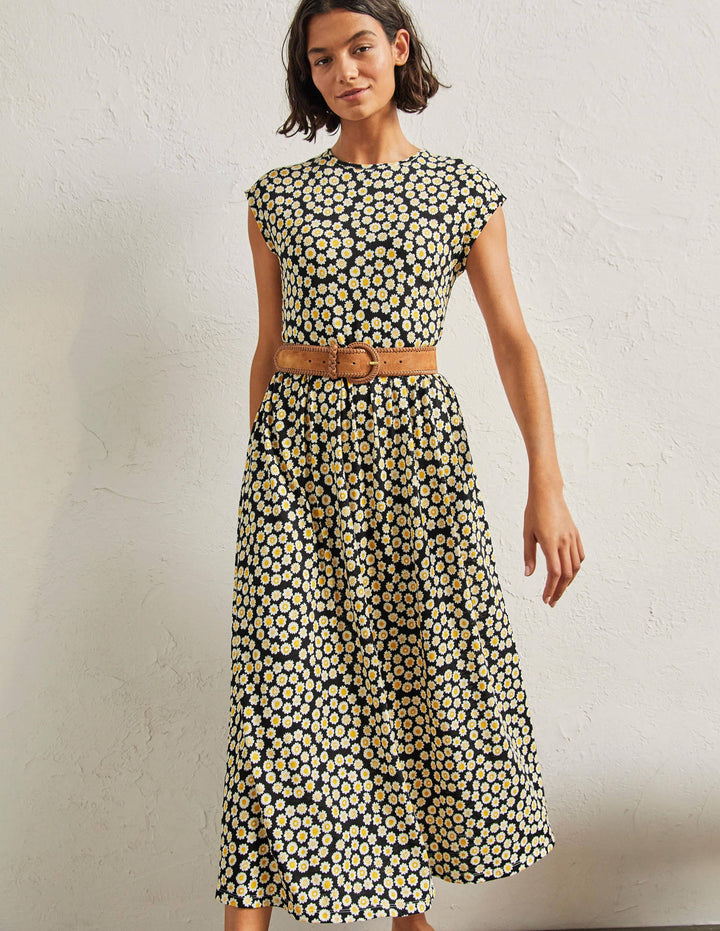 Easy T-Shirt Midi Dress-Black, Ditsy Swirl