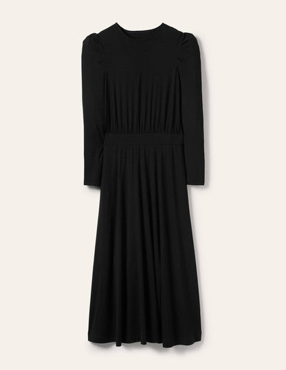 Puff Sleeve Jersey Midi Dress-Black-7