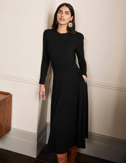 Puff Sleeve Jersey Midi Dress-Black-5