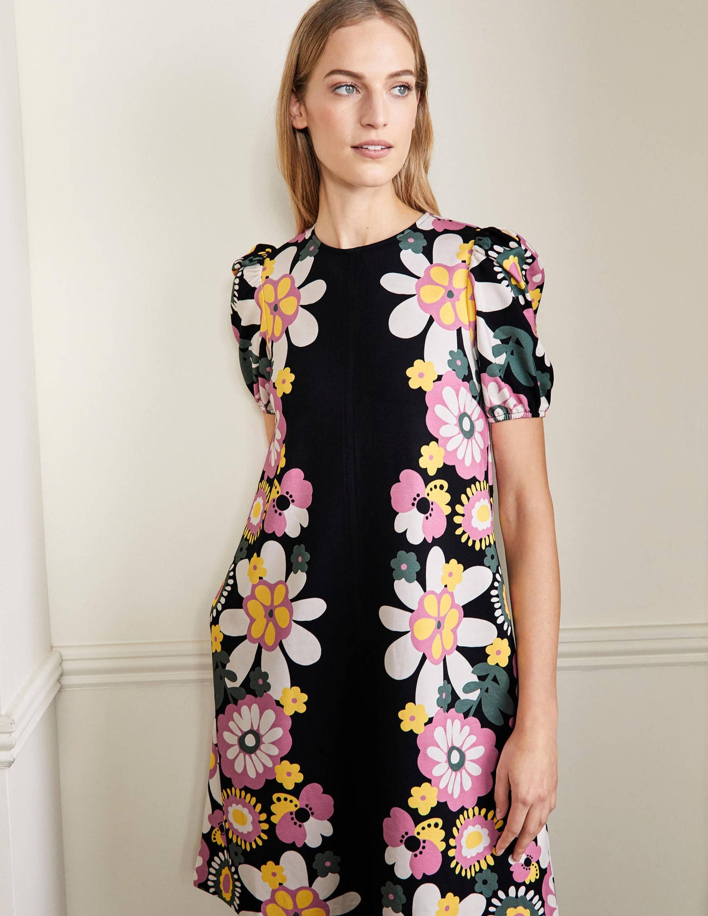 Seam Detail Jersey Shift Dress-Black Flora Bloom