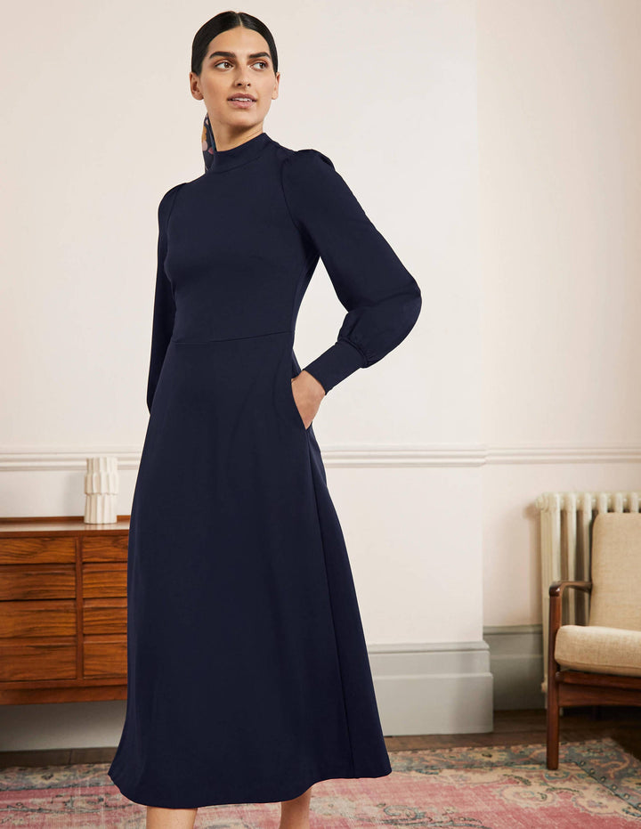 Cuffed Jersey Midi Dress-Navy