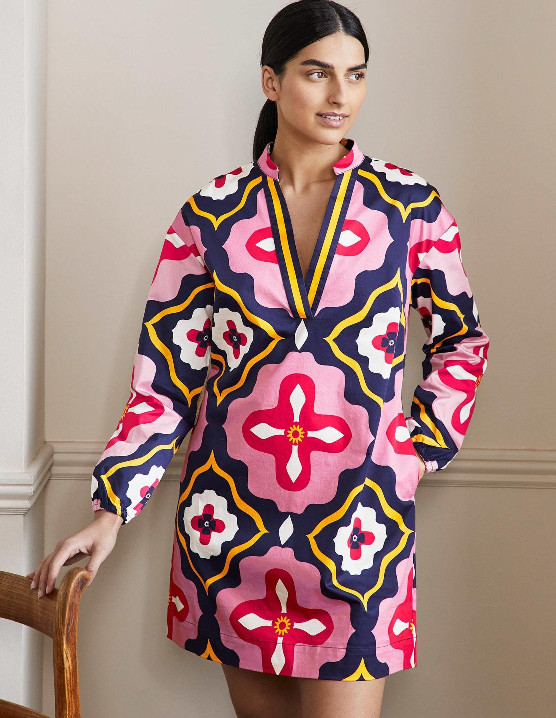 Notch Neck Mini Shift Dress-French Navy, Moroccan Diamond-1