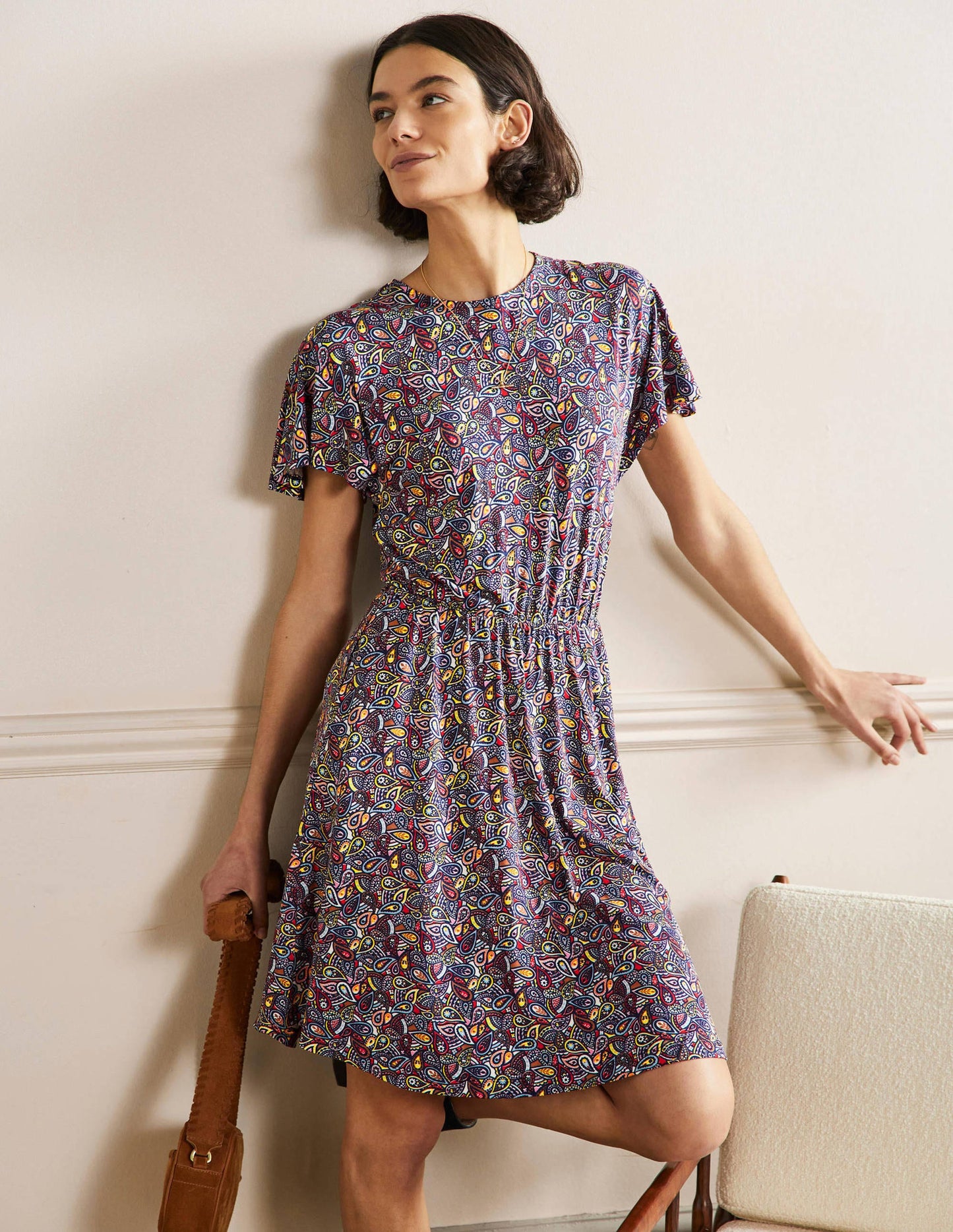 Flutter Sleeve Jersey Dress-Navy Paisley Blush