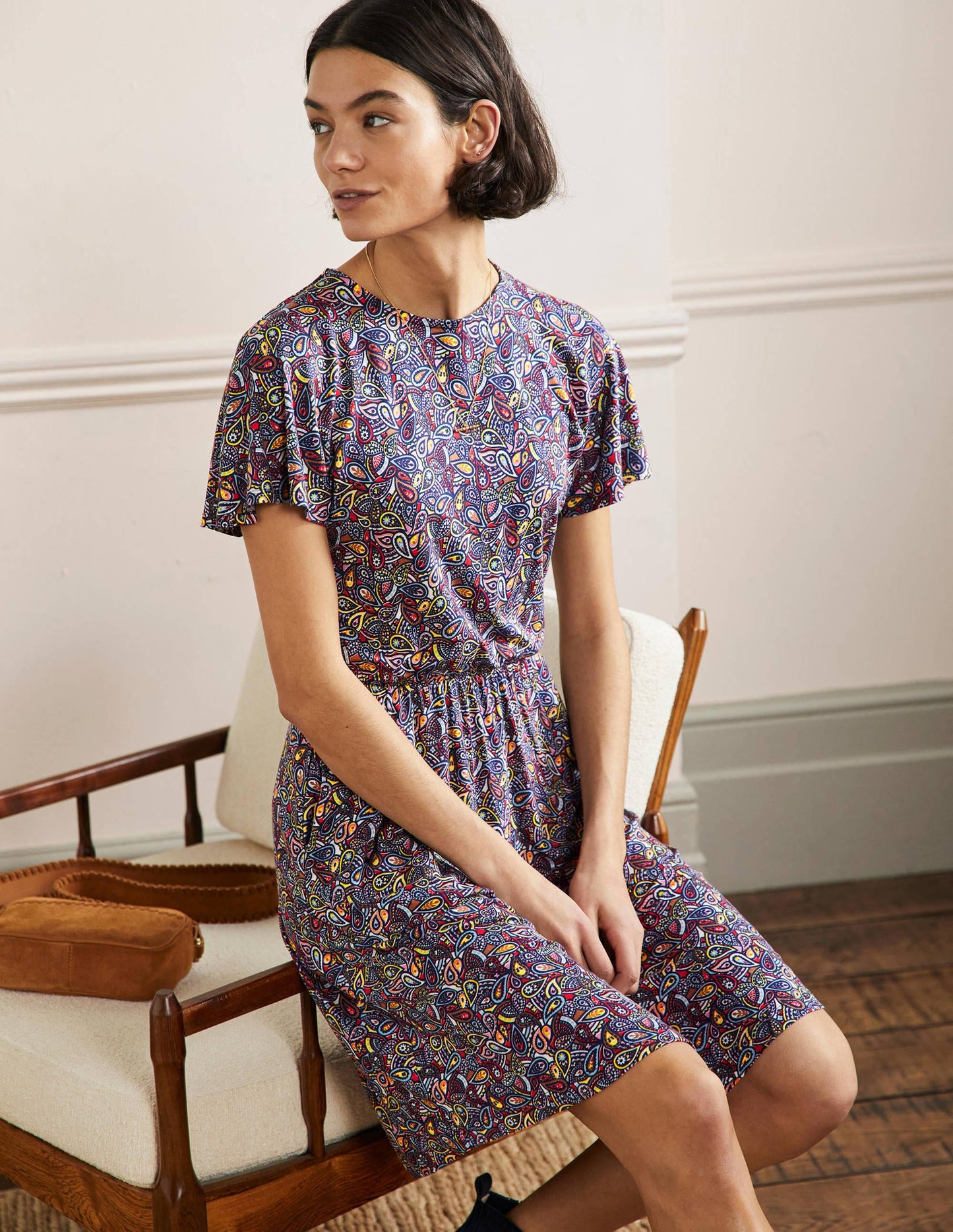 Flutter Sleeve Jersey Dress-Navy Paisley Blush