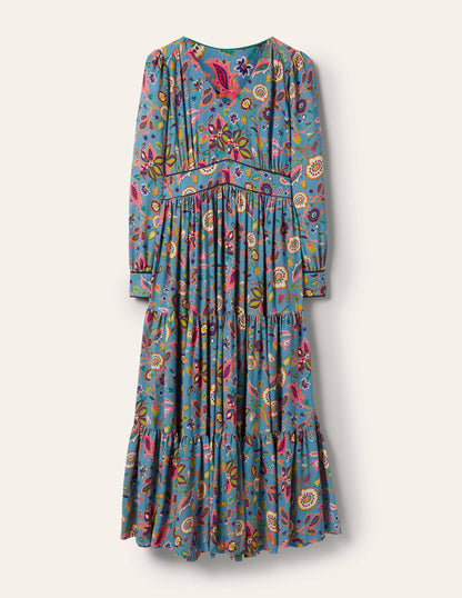 V-Neck Tiered Midi Dress-Dusty Blue, Opulent Paradise-5