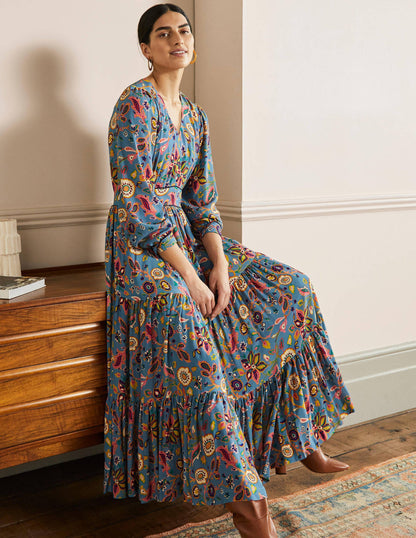V-Neck Tiered Midi Dress-Dusty Blue, Opulent Paradise-1