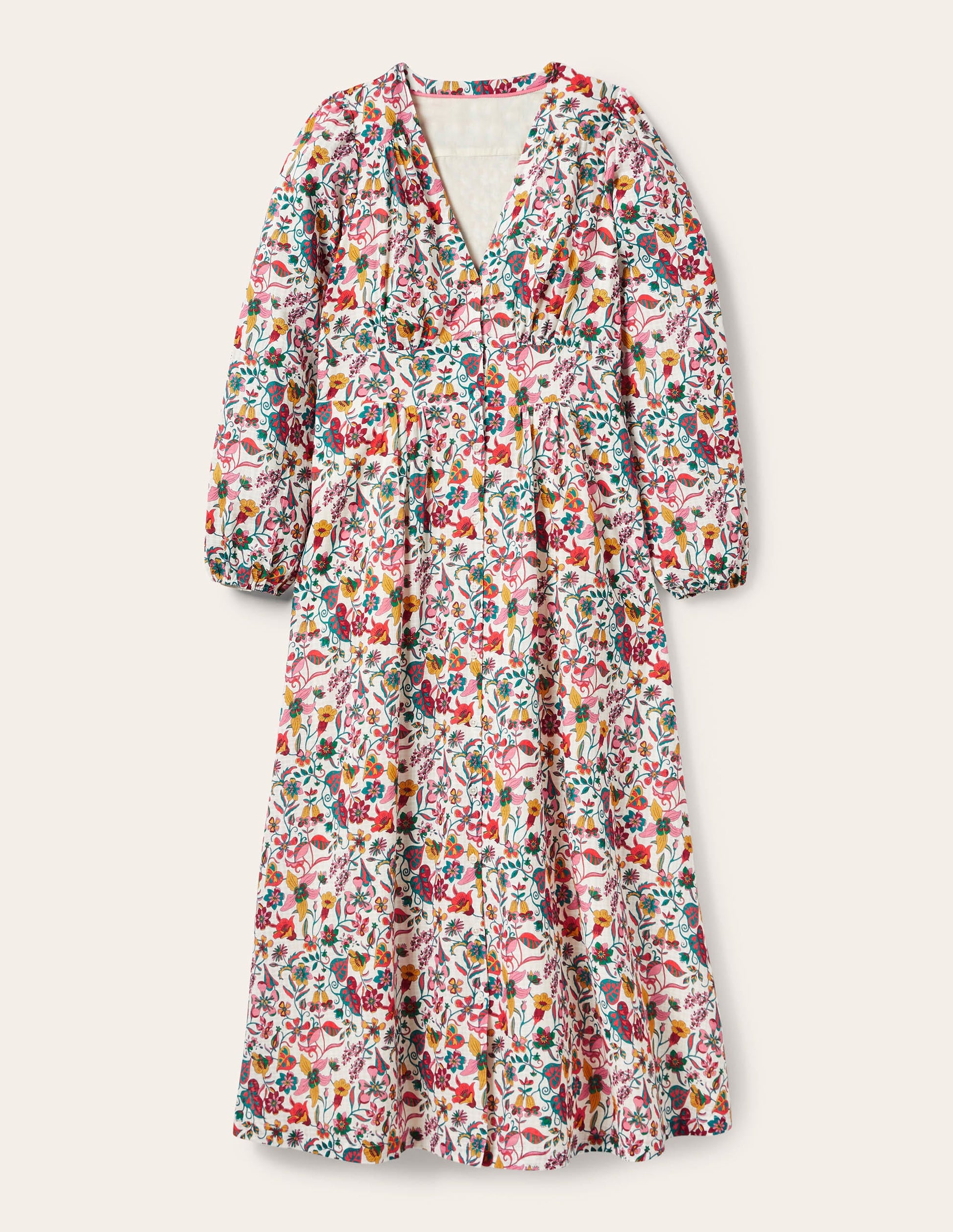 Button Through Maxi Tea Dress-Ivory, Tropic Florals-5