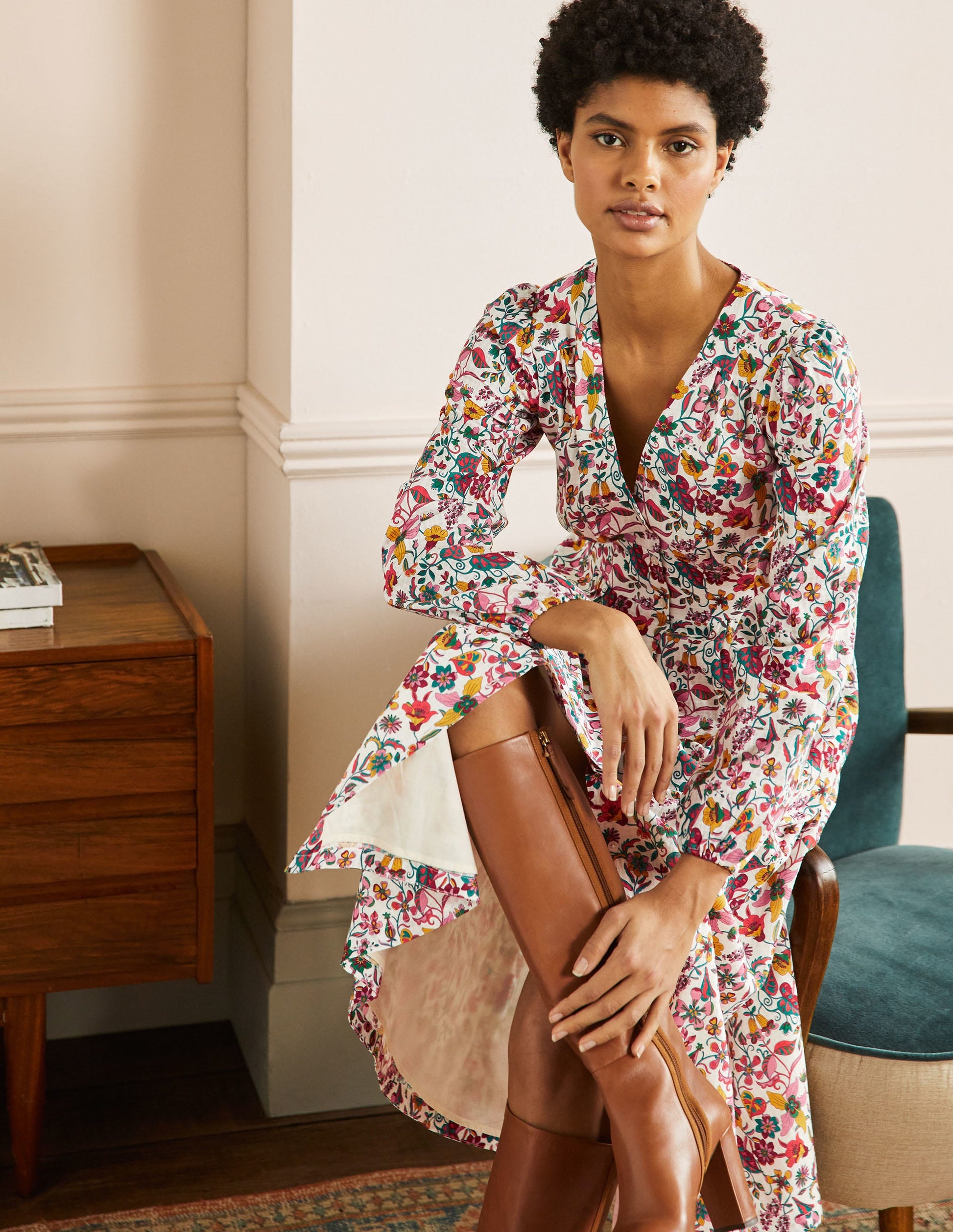 Button Through Maxi Tea Dress-Ivory, Tropic Florals-4