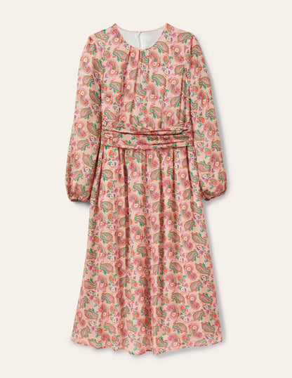 Ruched Waist Midi Dress-Milkshake, Paisley Bloom-5