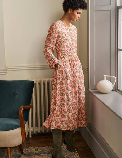 Ruched Waist Midi Dress-Milkshake, Paisley Bloom-1