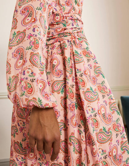 Ruched Waist Midi Dress-Milkshake, Paisley Bloom-2