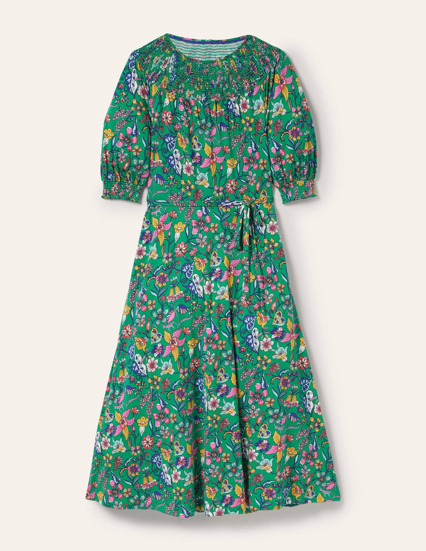 Smocked Neck Jersey Midi Dress-Highland Green Floral