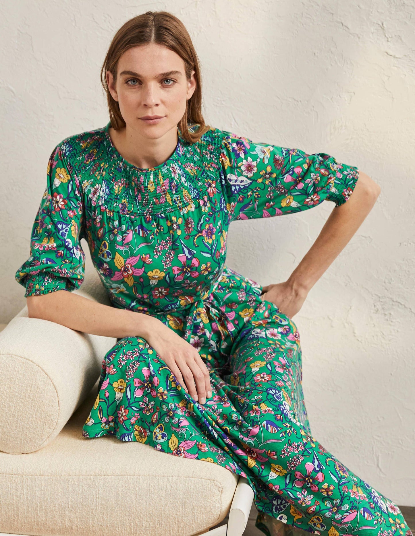 Smocked Neck Jersey Midi Dress-Highland Green Floral