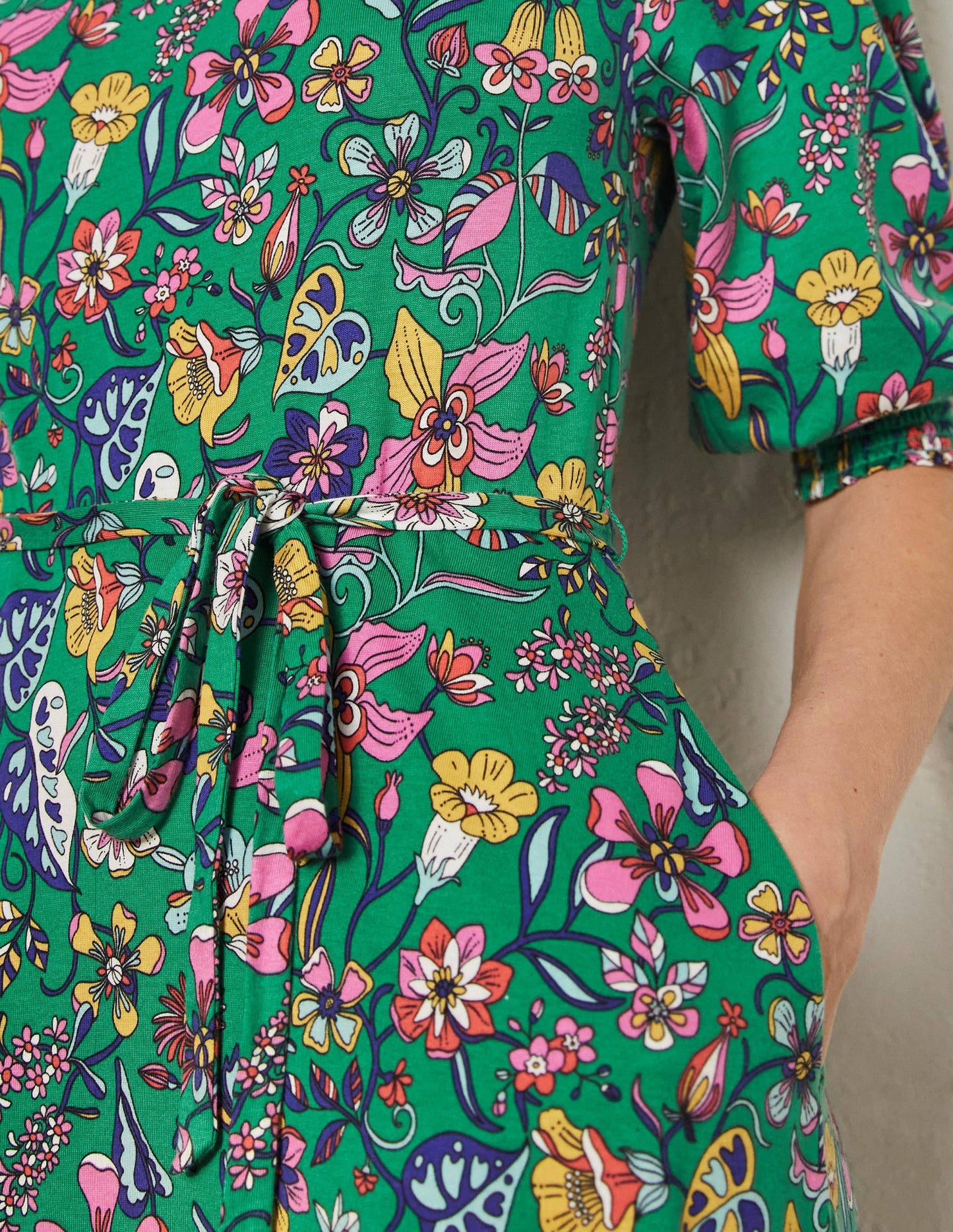 Smocked Neck Jersey Midi Dress-Highland Green Floral