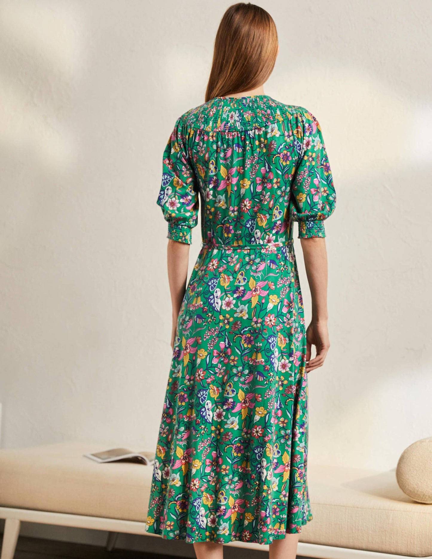 Smocked Neck Jersey Midi Dress-Highland Green Floral
