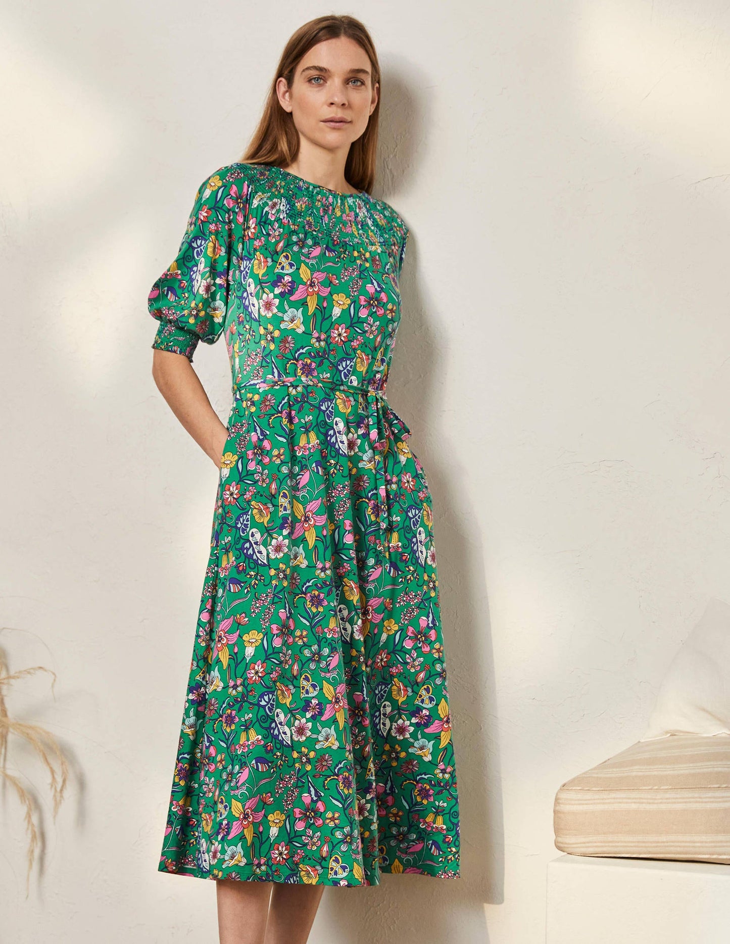 Smocked Neck Jersey Midi Dress-Highland Green Floral
