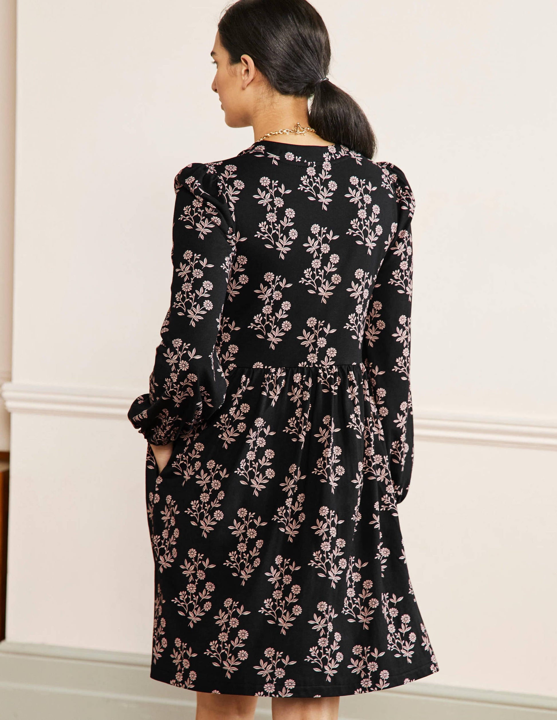 Button Through Jersey Dress-Black, Leafy Cluster-3