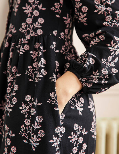 Button Through Jersey Dress-Black, Leafy Cluster-5