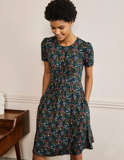 Crew Neck Jersey Dress-French Navy, Wildflower Bloom-1