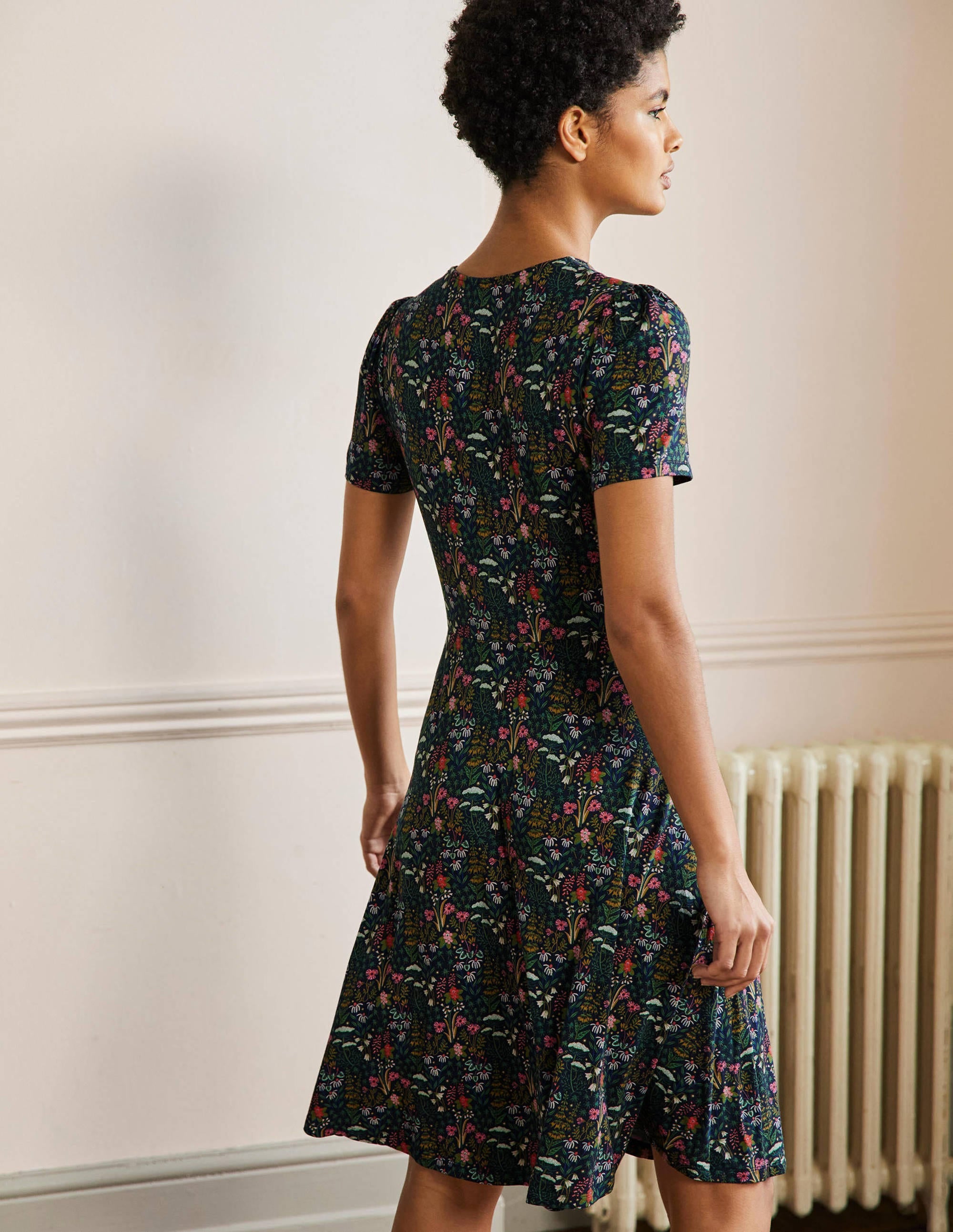 Crew Neck Jersey Dress-French Navy, Wildflower Bloom - Image 3