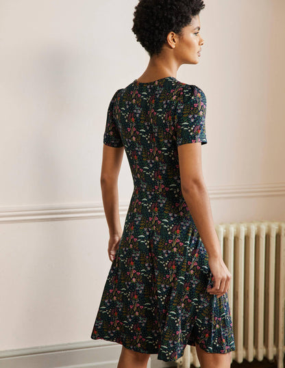 Crew Neck Jersey Dress-French Navy, Wildflower Bloom-3