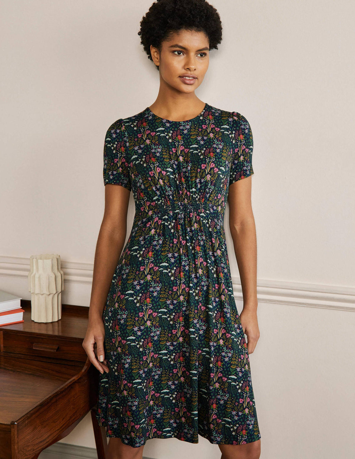 Crew Neck Jersey Dress-French Navy, Wildflower Bloom - Image 4