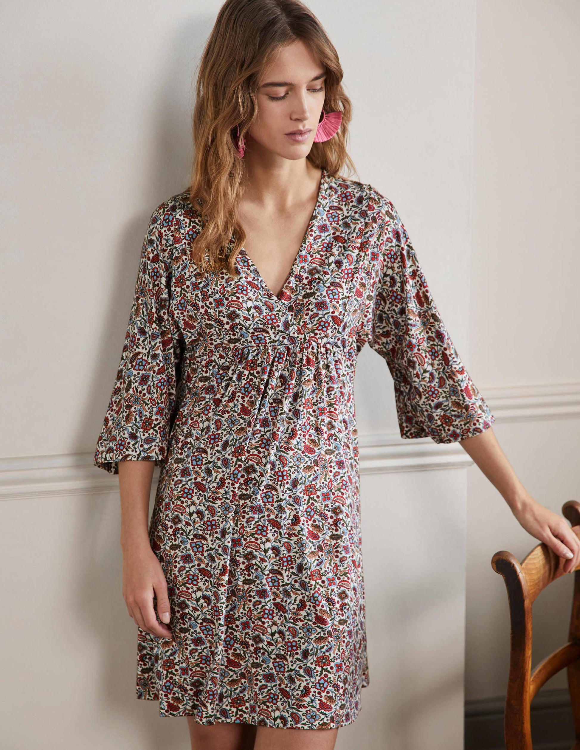 Easy Jersey Empire Mini Dress-Ivory, Oriental Paradise-4