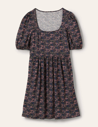 Square Neck Jersey Dress-French Navy, Floret Bloom-5