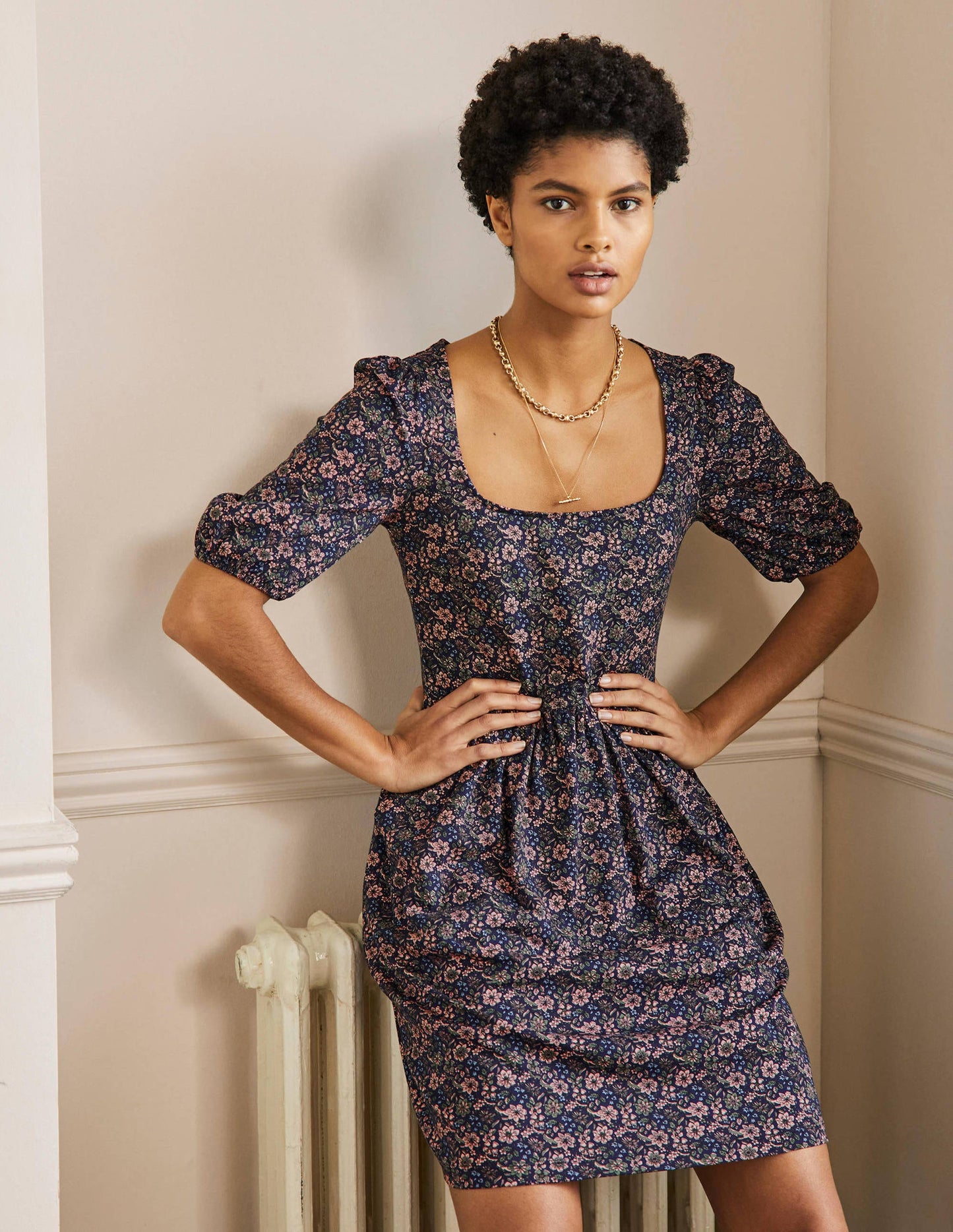 Square Neck Jersey Dress-French Navy, Floret Bloom