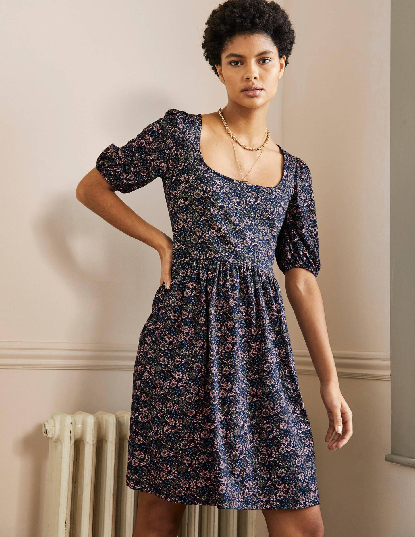 Square Neck Jersey Dress-French Navy, Floret Bloom