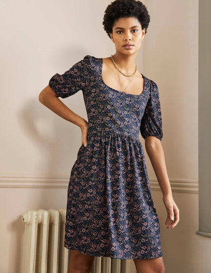 Square Neck Jersey Dress-French Navy, Floret Bloom-4