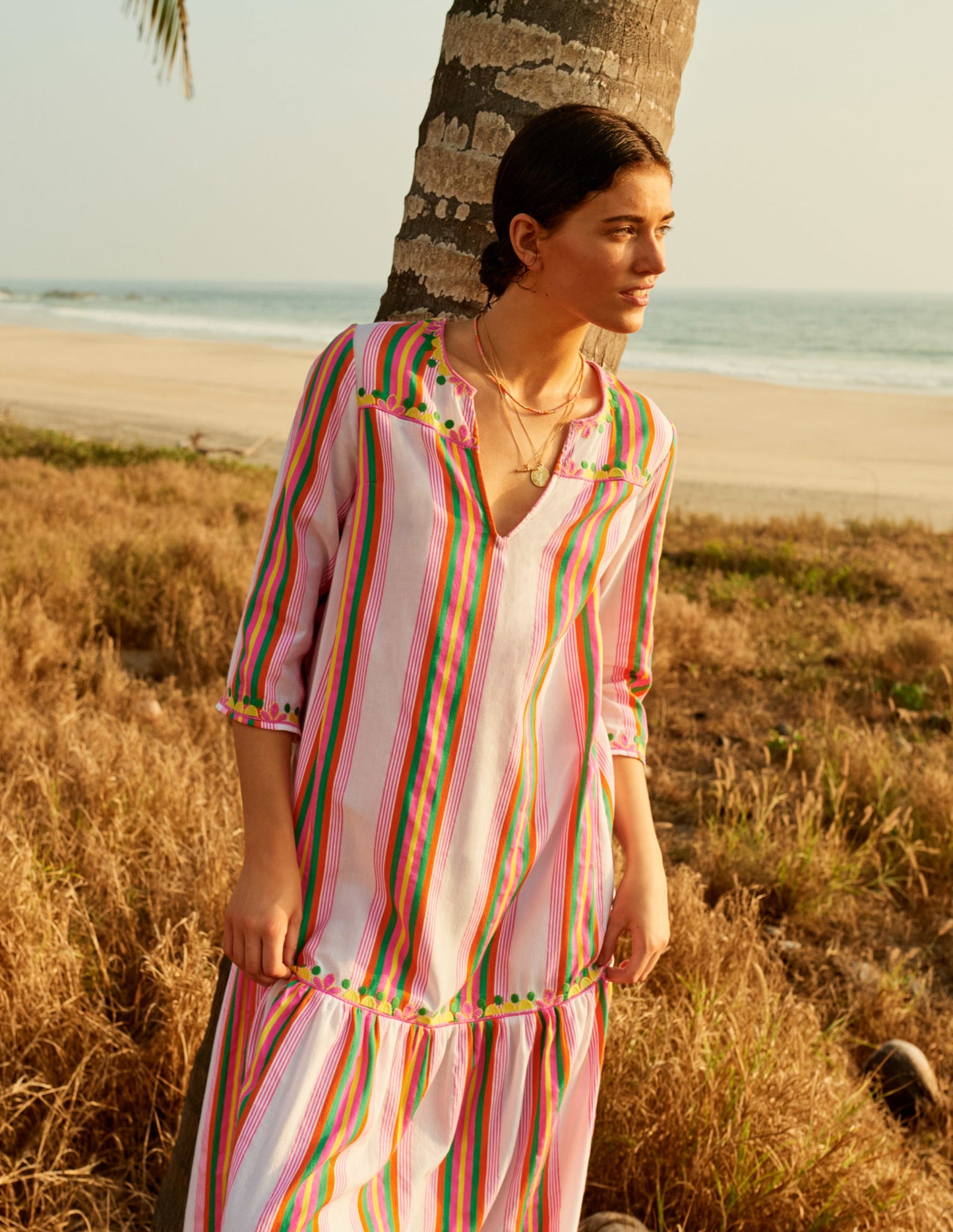 Easy Tiered Maxi Dress-Tropical Woven Rainbow Stripe