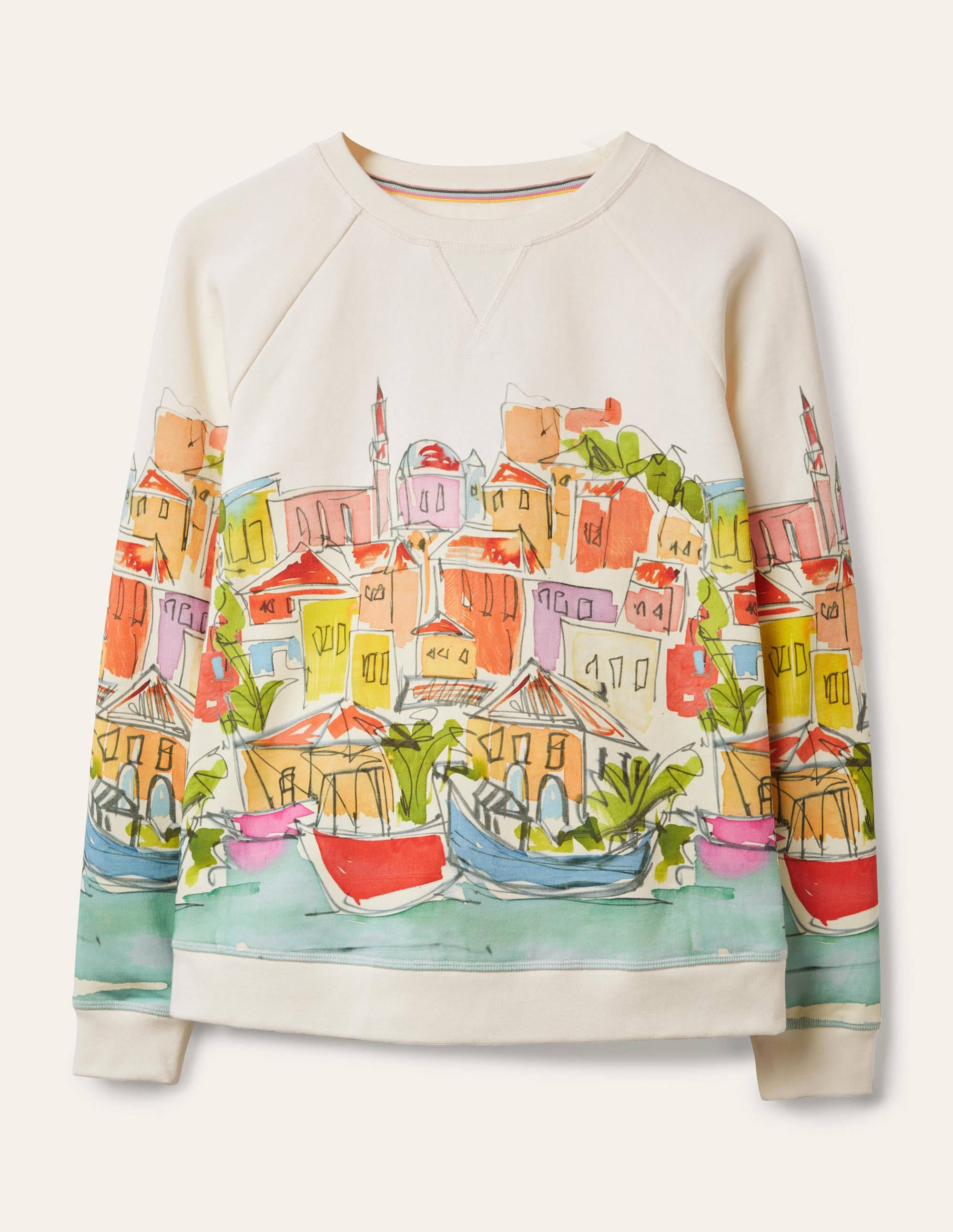 Printed Cotton Sweatshirt-Ivory, Rainbow Village - Image 6