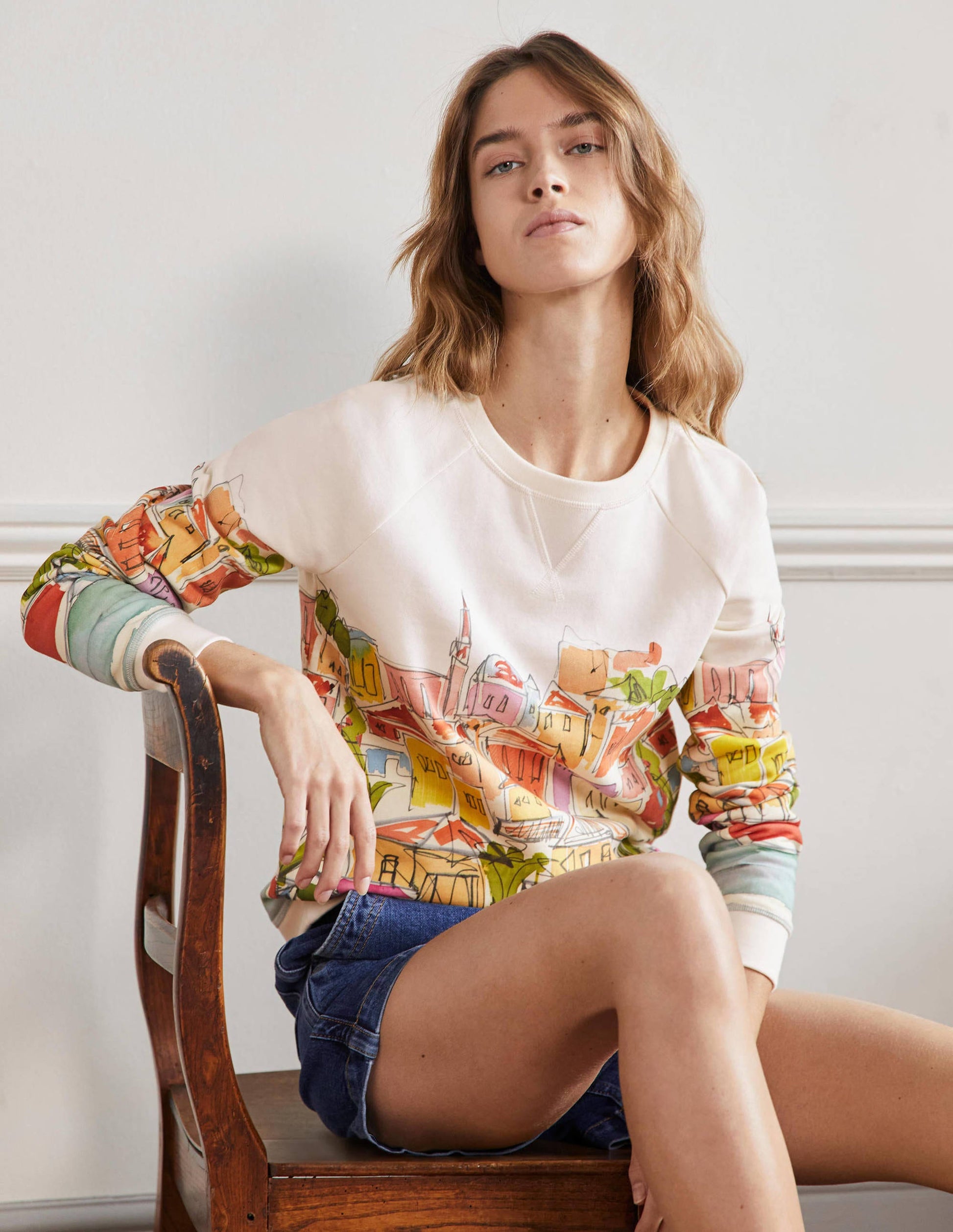 Printed Cotton Sweatshirt-Ivory, Rainbow Village-1